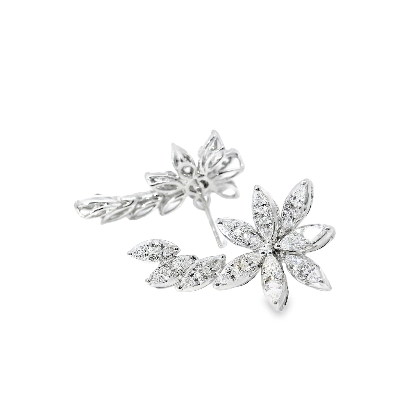 14k White Gold 2.14ctw Natural Multi Cut Diamond Flower Dangle Earrings