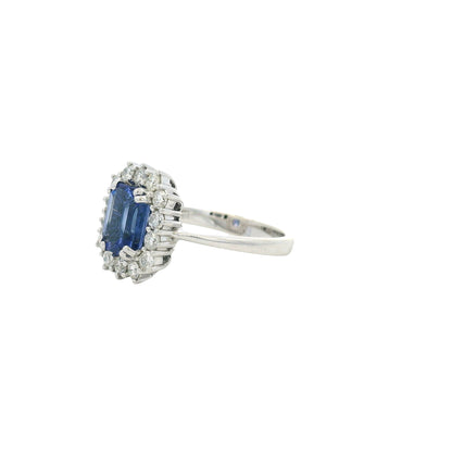 14k White Gold Emerald Cut Tanzanite and Round Diamond Ring