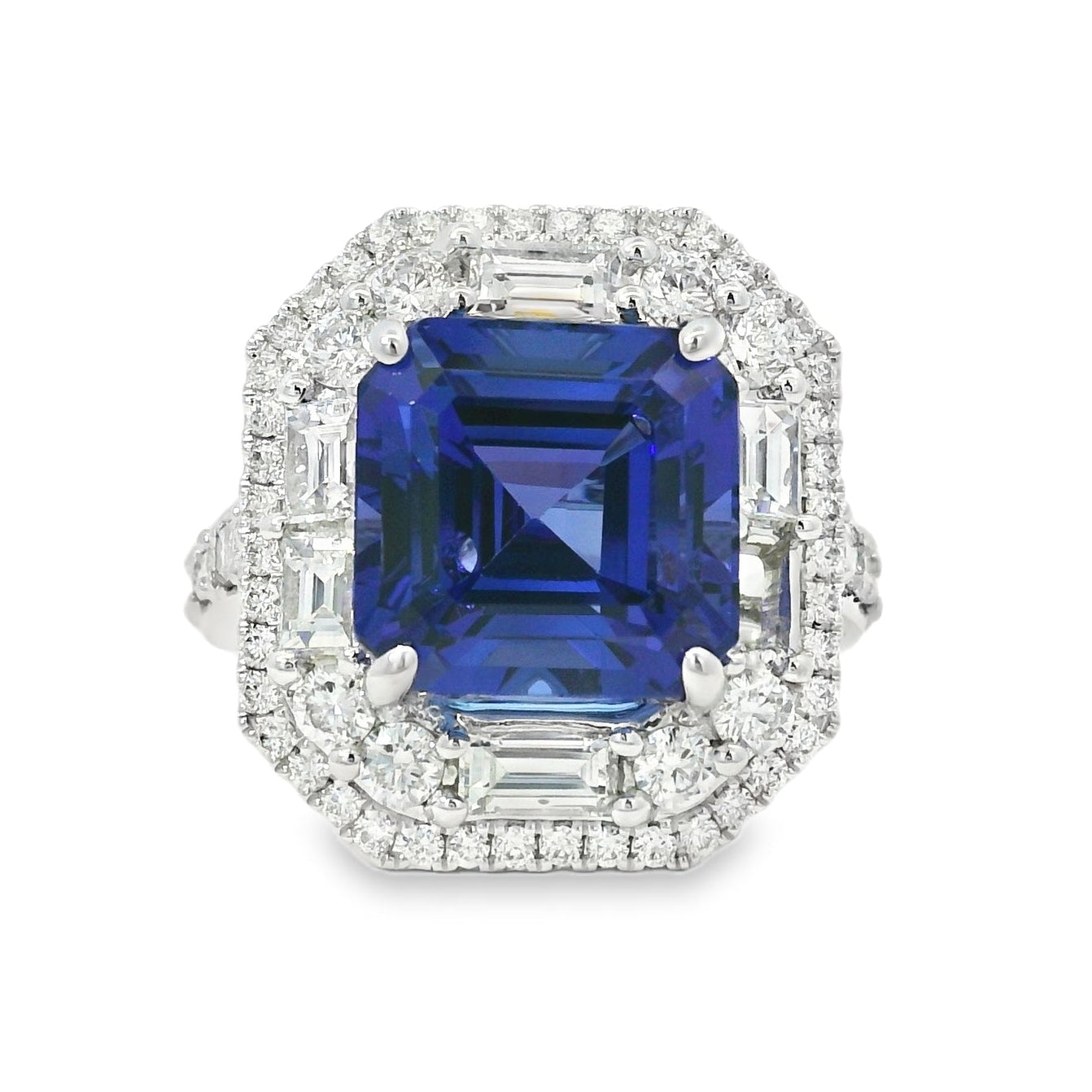 18k White Gold 9.90ctw Tanzanite and 2.28ctw Baguette and Round Diamond Ring