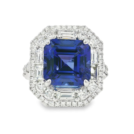 18k White Gold 9.90ctw Tanzanite and 2.28ctw Baguette and Round Diamond Ring