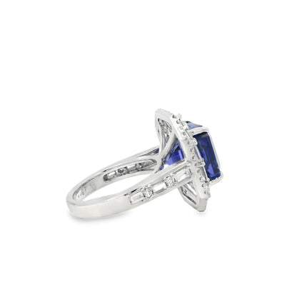 18k White Gold 9.90ctw Tanzanite and 2.28ctw Baguette and Round Diamond Ring