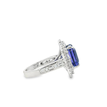 18k White Gold 9.90ctw Tanzanite and 2.28ctw Baguette and Round Diamond Ring
