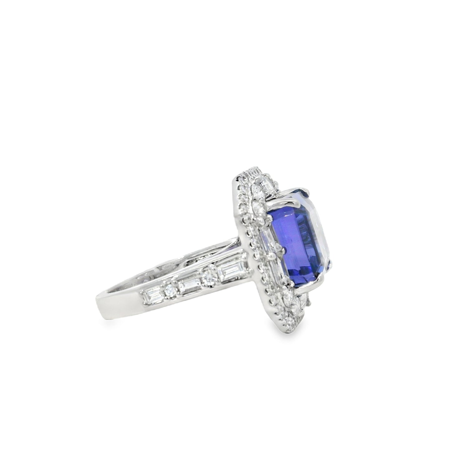 18k White Gold 9.90ctw Tanzanite and 2.28ctw Baguette and Round Diamond Ring