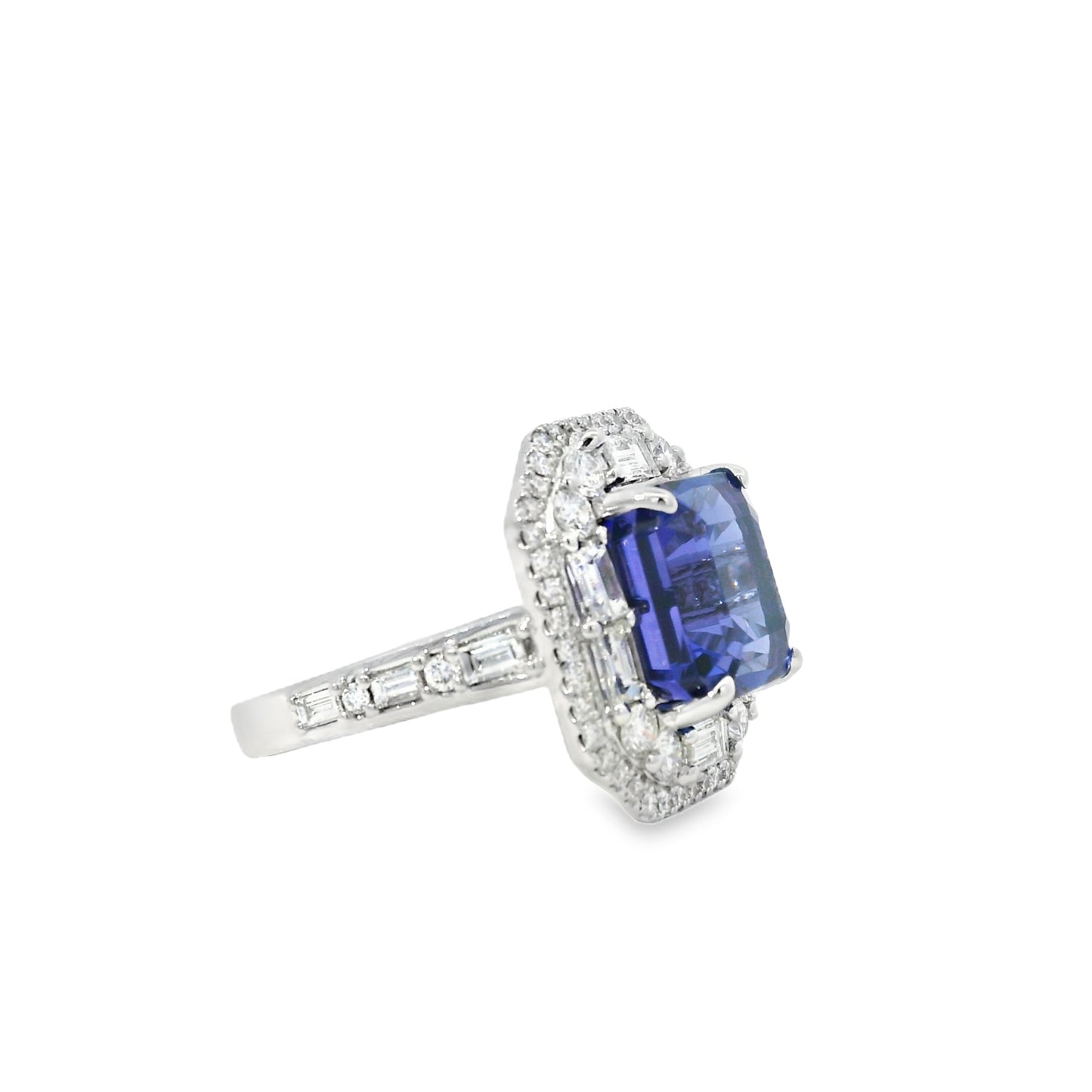18k White Gold 9.90ctw Tanzanite and 2.28ctw Baguette and Round Diamond Ring