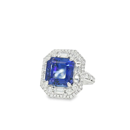 18k White Gold 9.90ctw Tanzanite and 2.28ctw Baguette and Round Diamond Ring