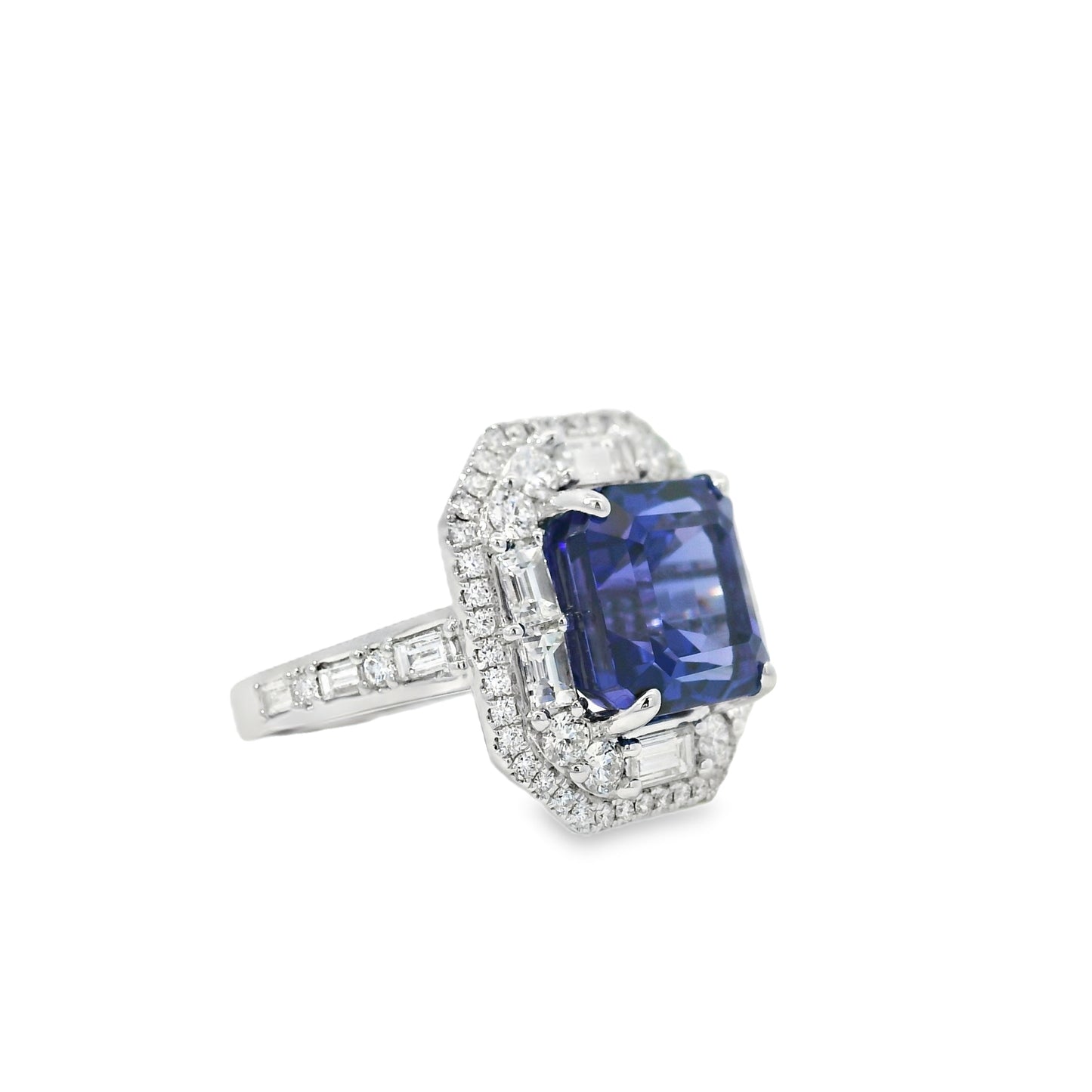 18k White Gold 9.90ctw Tanzanite and 2.28ctw Baguette and Round Diamond Ring