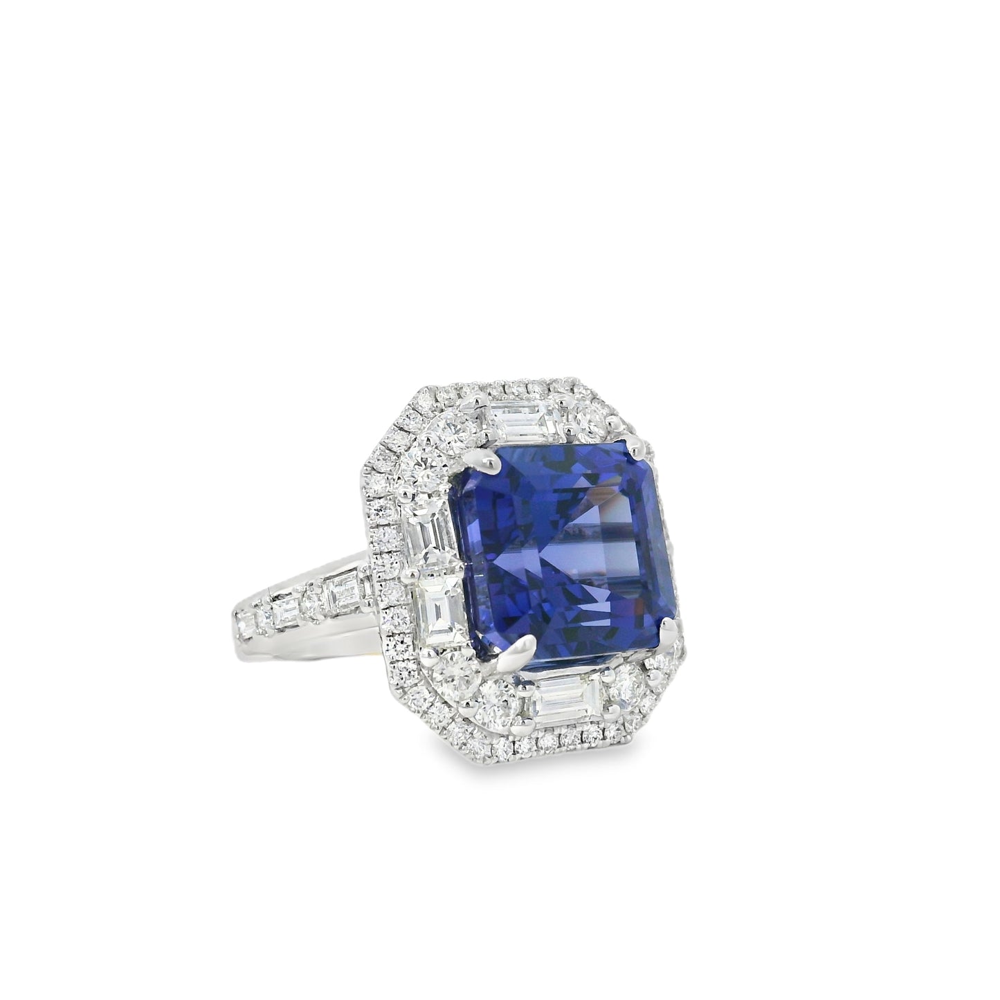 18k White Gold 9.90ctw Tanzanite and 2.28ctw Baguette and Round Diamond Ring