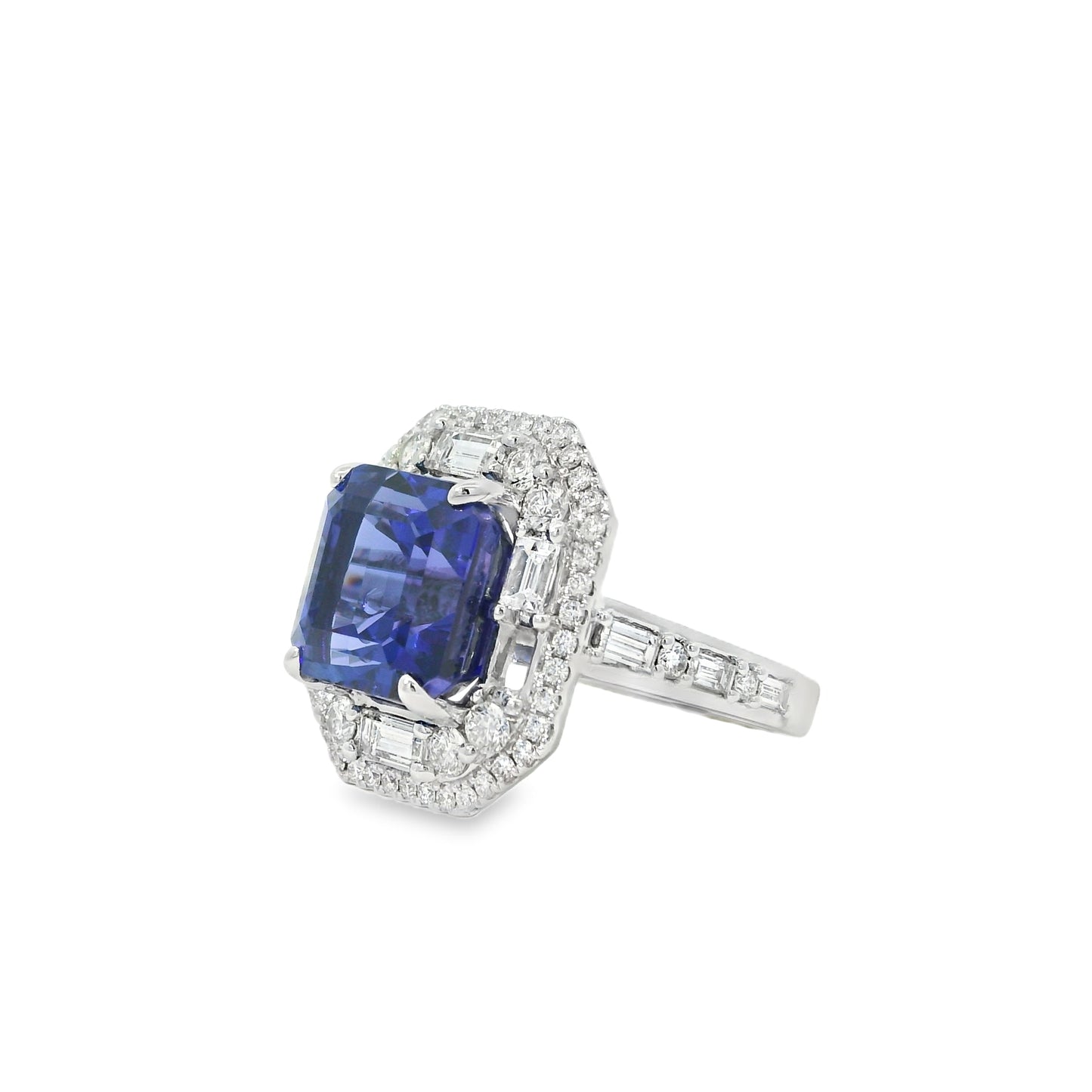 18k White Gold 9.90ctw Tanzanite and 2.28ctw Baguette and Round Diamond Ring