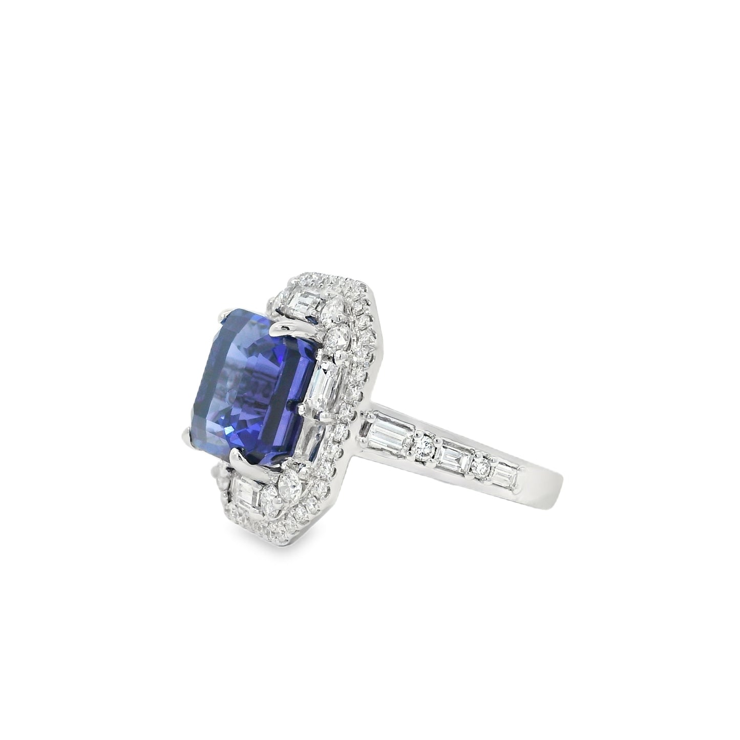 18k White Gold 9.90ctw Tanzanite and 2.28ctw Baguette and Round Diamond Ring