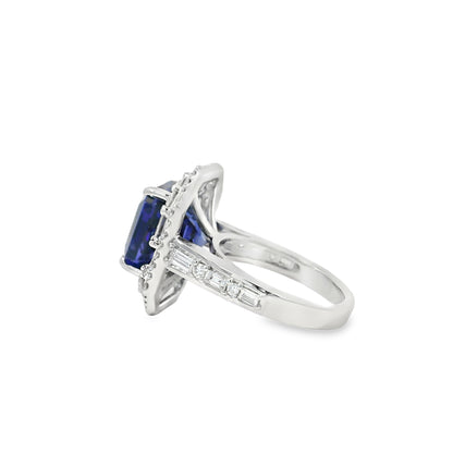 18k White Gold 9.90ctw Tanzanite and 2.28ctw Baguette and Round Diamond Ring
