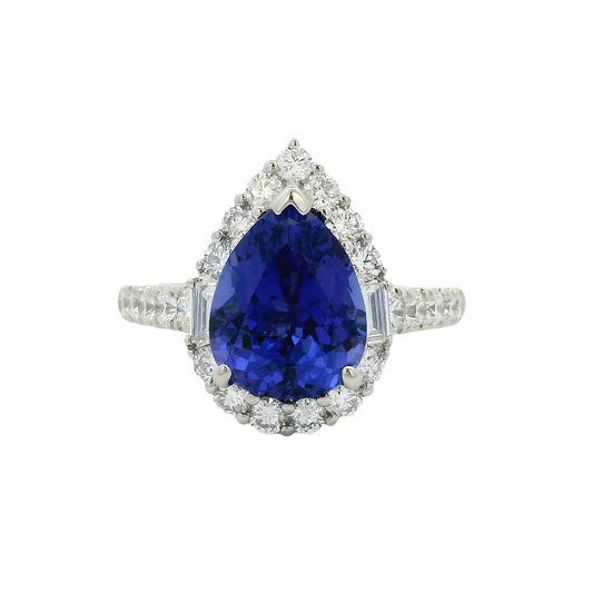 18k White Gold Pear Cut Tanzanite and Baguette and Round Diamond Engagement Ring