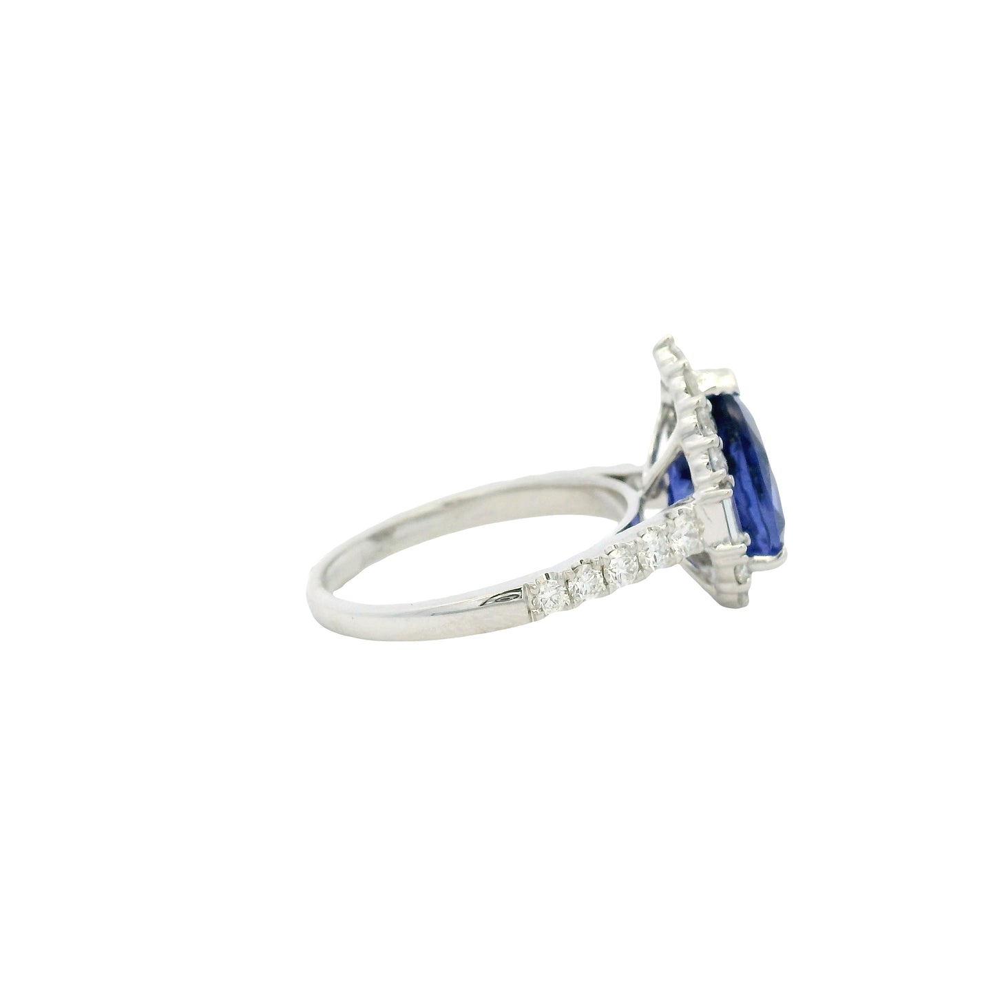 18k White Gold Pear Cut Tanzanite and Baguette and Round Diamond Engagement Ring