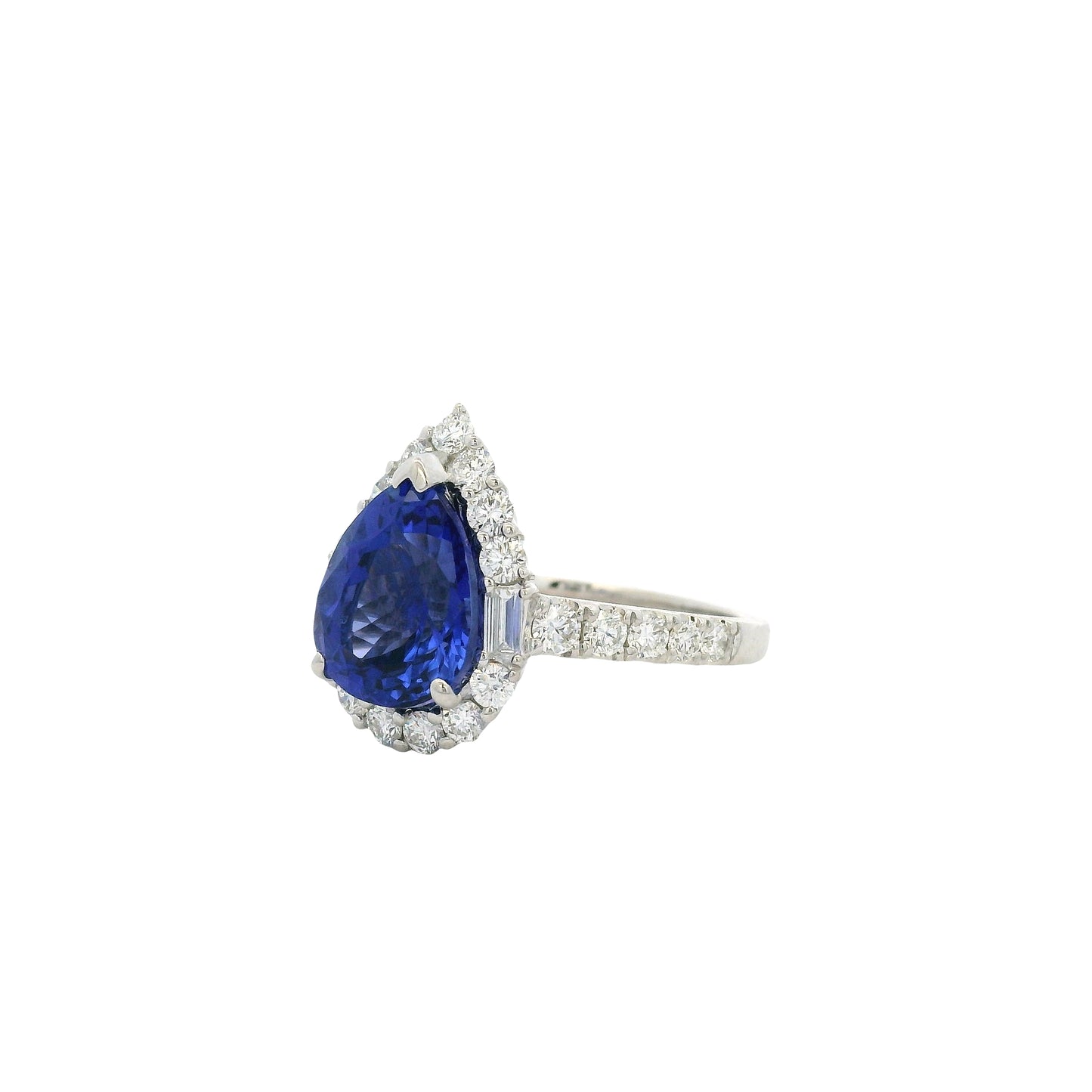 18k White Gold Pear Cut Tanzanite and Baguette and Round Diamond Engagement Ring