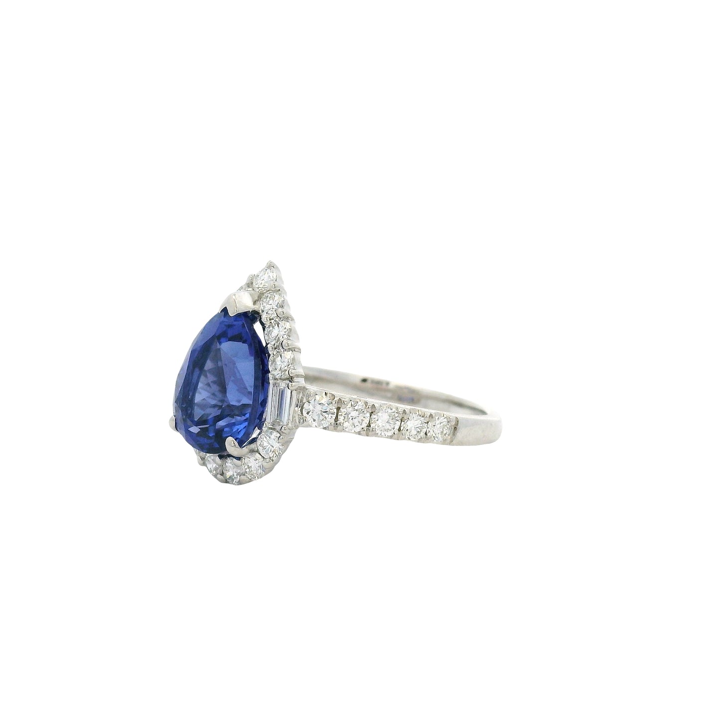 18k White Gold Pear Cut Tanzanite and Baguette and Round Diamond Engagement Ring