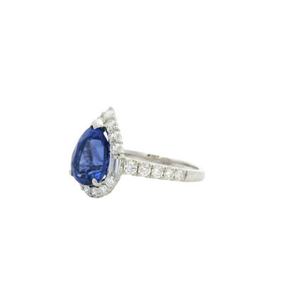 18k White Gold Pear Cut Tanzanite and Baguette and Round Diamond Engagement Ring
