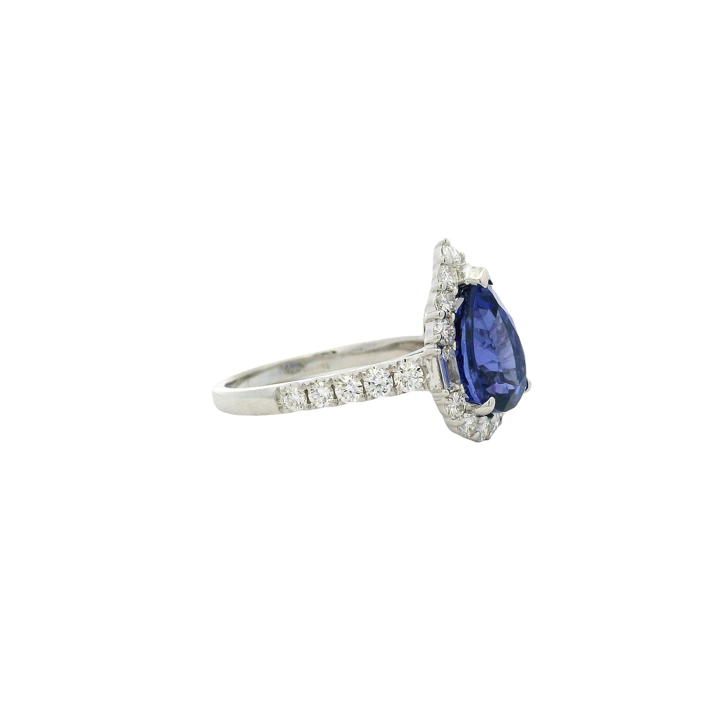 18k White Gold Pear Cut Tanzanite and Baguette and Round Diamond Engagement Ring