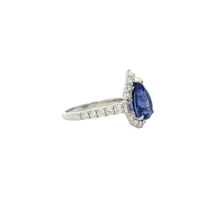 18k White Gold Pear Cut Tanzanite and Baguette and Round Diamond Engagement Ring