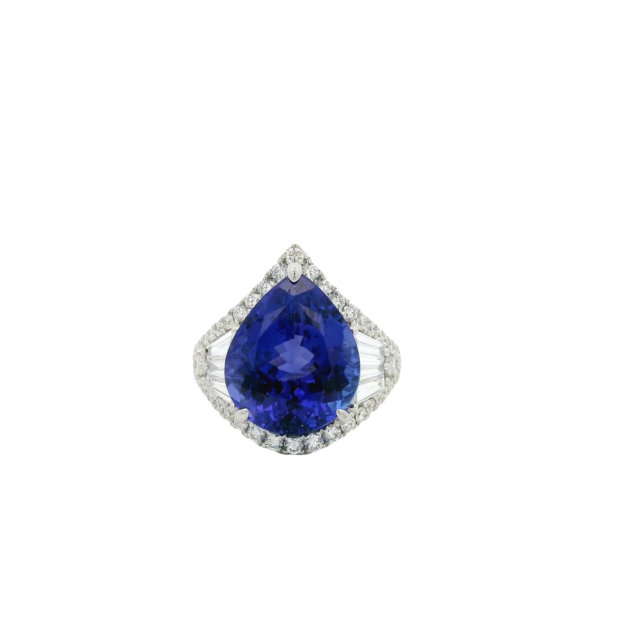 18k White Gold 7.95ctw Pear Cut Tanzanite and 1.47ctw Round and Baguette Diamond Ring