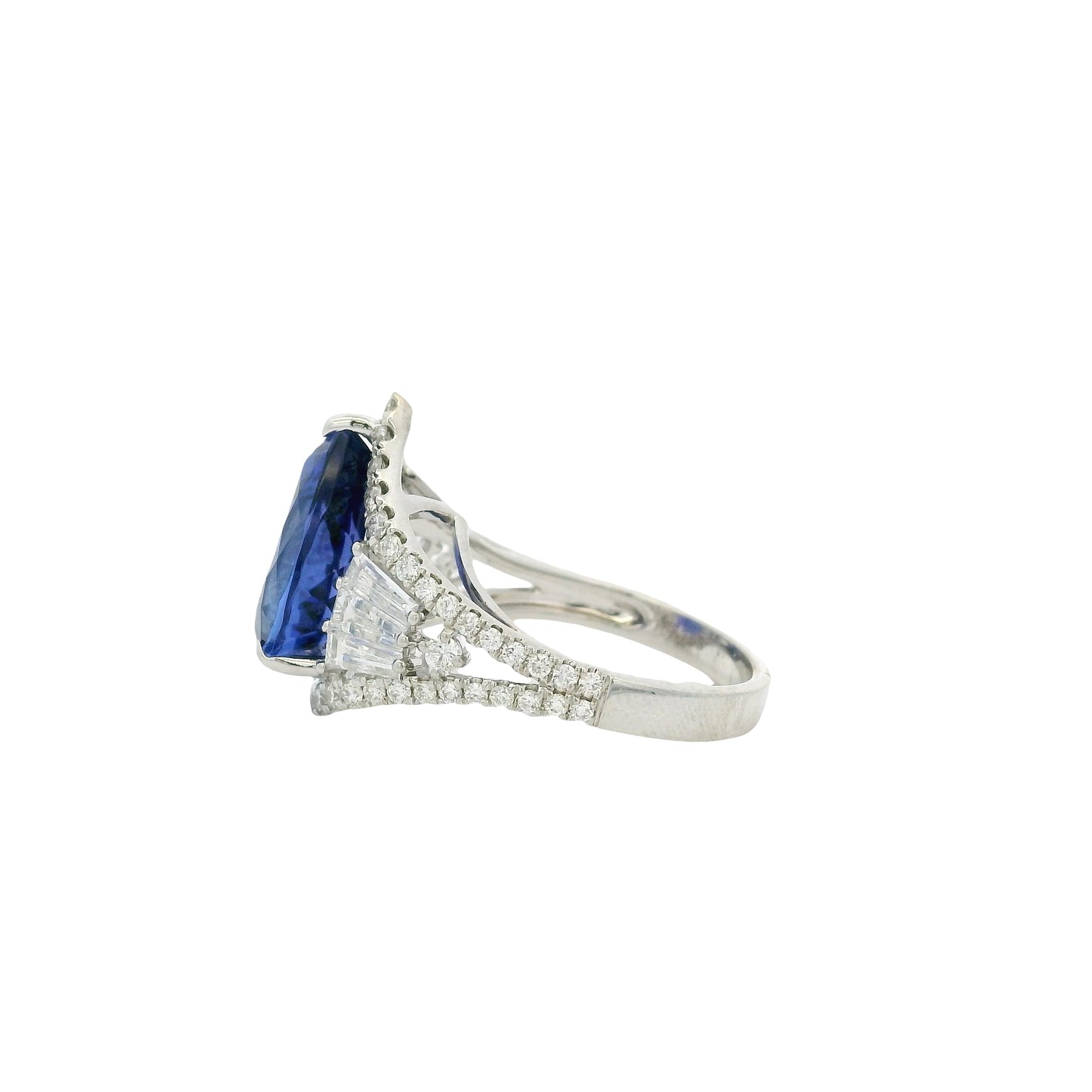 18k White Gold 7.95ctw Pear Cut Tanzanite and 1.47ctw Round and Baguette Diamond Ring