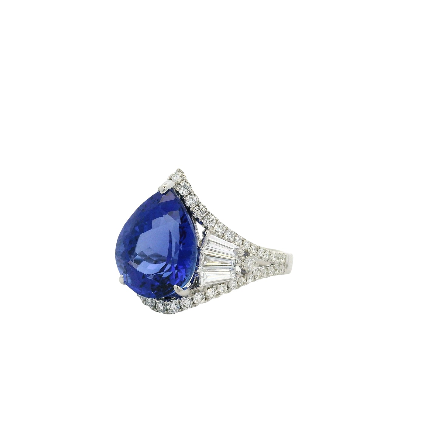 18k White Gold 7.95ctw Pear Cut Tanzanite and 1.47ctw Round and Baguette Diamond Ring