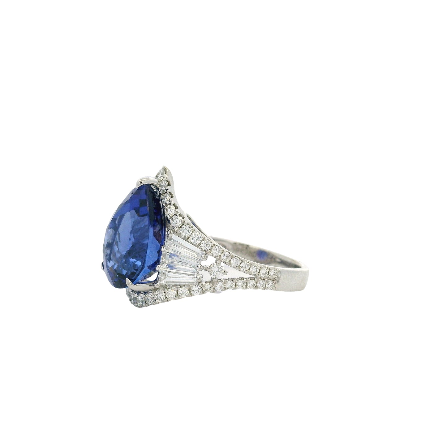 18k White Gold 7.95ctw Pear Cut Tanzanite and 1.47ctw Round and Baguette Diamond Ring