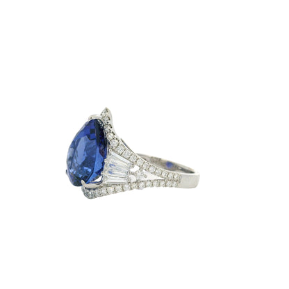 18k White Gold 7.95ctw Pear Cut Tanzanite and 1.47ctw Round and Baguette Diamond Ring