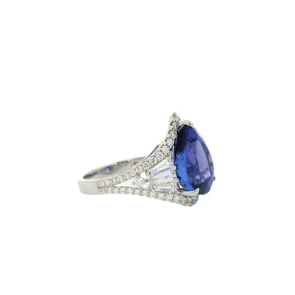 18k White Gold 7.95ctw Pear Cut Tanzanite and 1.47ctw Round and Baguette Diamond Ring
