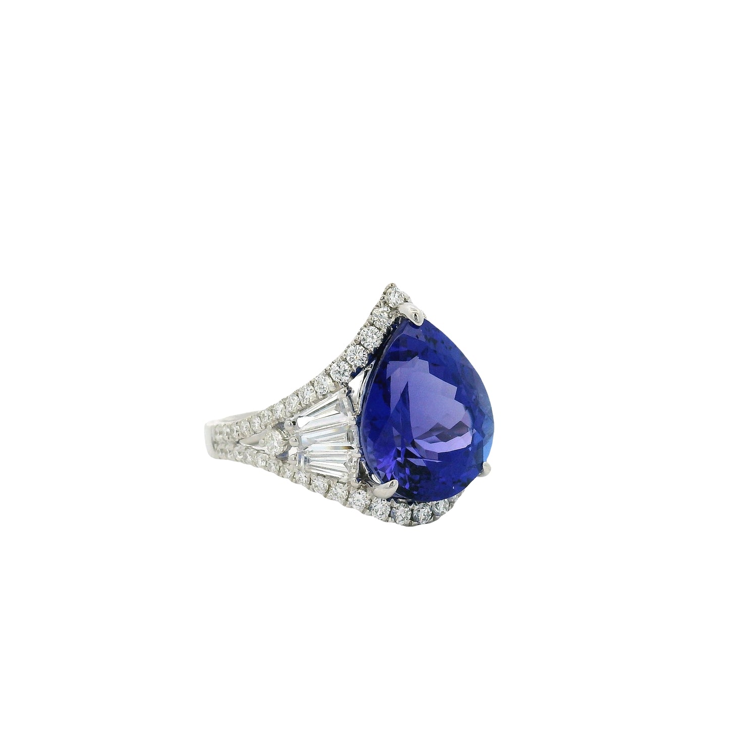 18k White Gold 7.95ctw Pear Cut Tanzanite and 1.47ctw Round and Baguette Diamond Ring