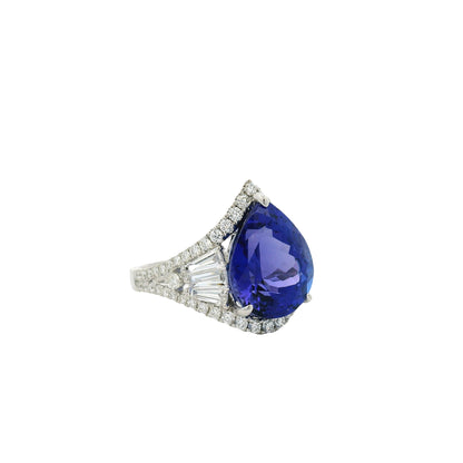 18k White Gold 7.95ctw Pear Cut Tanzanite and 1.47ctw Round and Baguette Diamond Ring