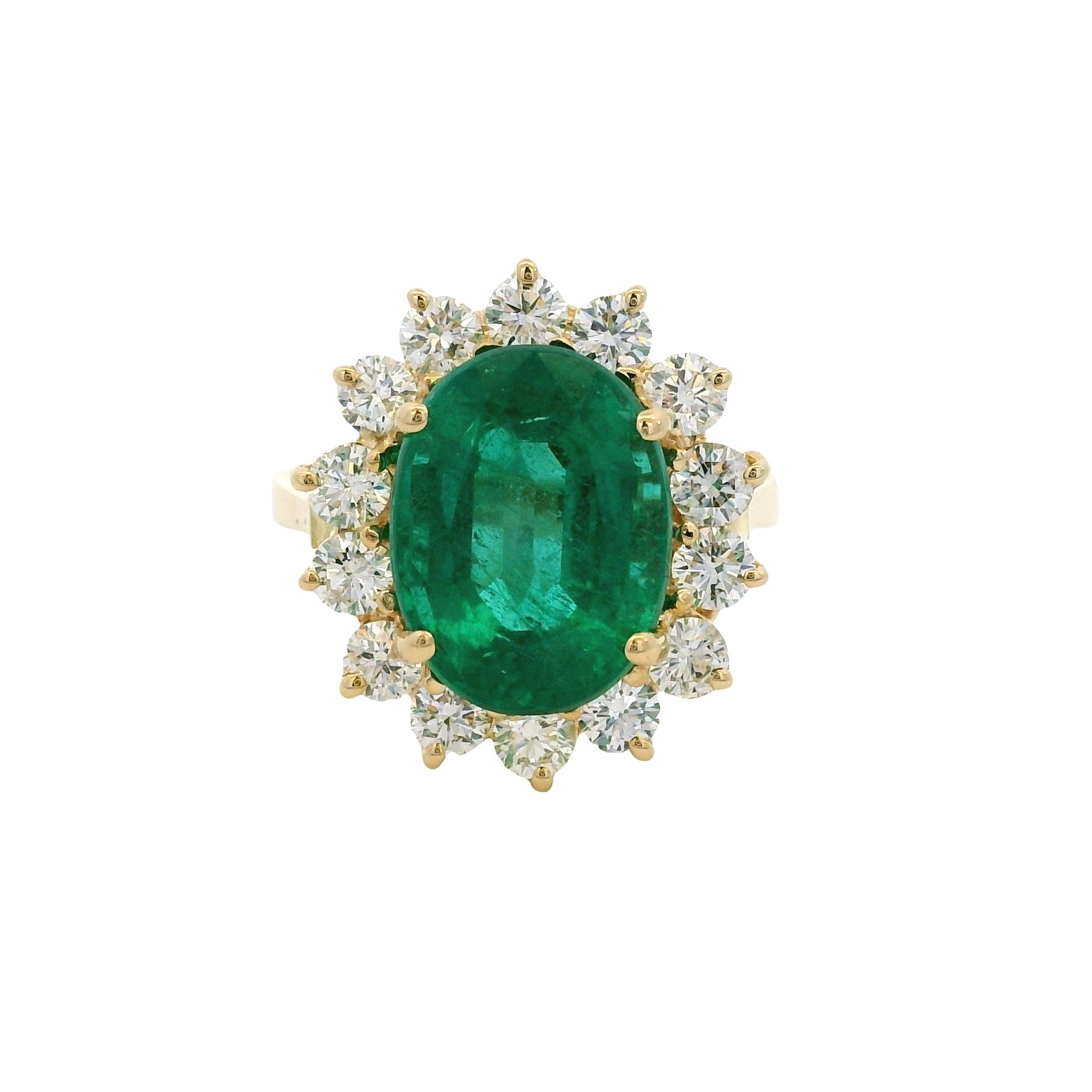 14k Yellow Gold GAL Certified 5.60ct Oval Cut Emerald and 1.35ctw Round Diamond Ring