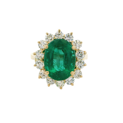 14k Yellow Gold GAL Certified 5.60ct Oval Cut Emerald and 1.35ctw Round Diamond Ring