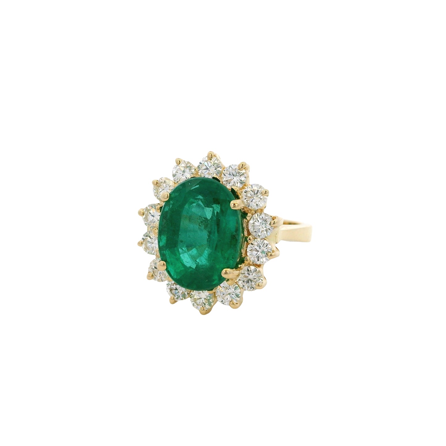 14k Yellow Gold GAL Certified 5.60ct Oval Cut Emerald and 1.35ctw Round Diamond Ring