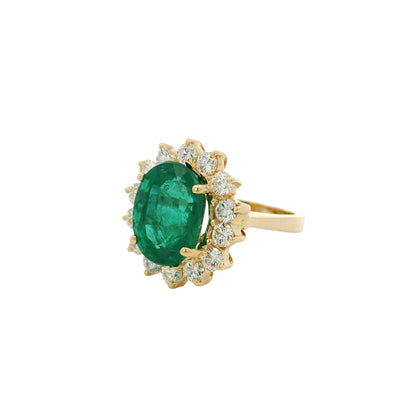 14k Yellow Gold GAL Certified 5.60ct Oval Cut Emerald and 1.35ctw Round Diamond Ring