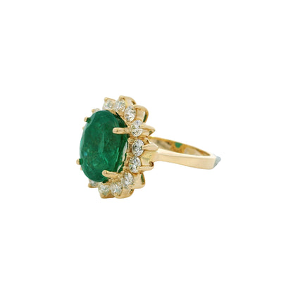14k Yellow Gold GAL Certified 5.60ct Oval Cut Emerald and 1.35ctw Round Diamond Ring