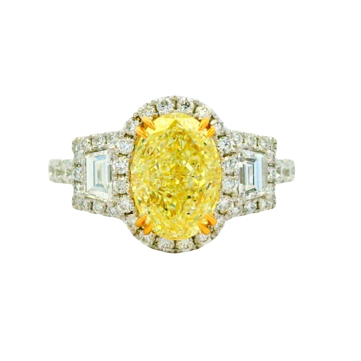 18k White and Yellow GIA 2.06ctw Oval Cut Fancy Yellow Diamond and 1.15ctw Diamond Ring