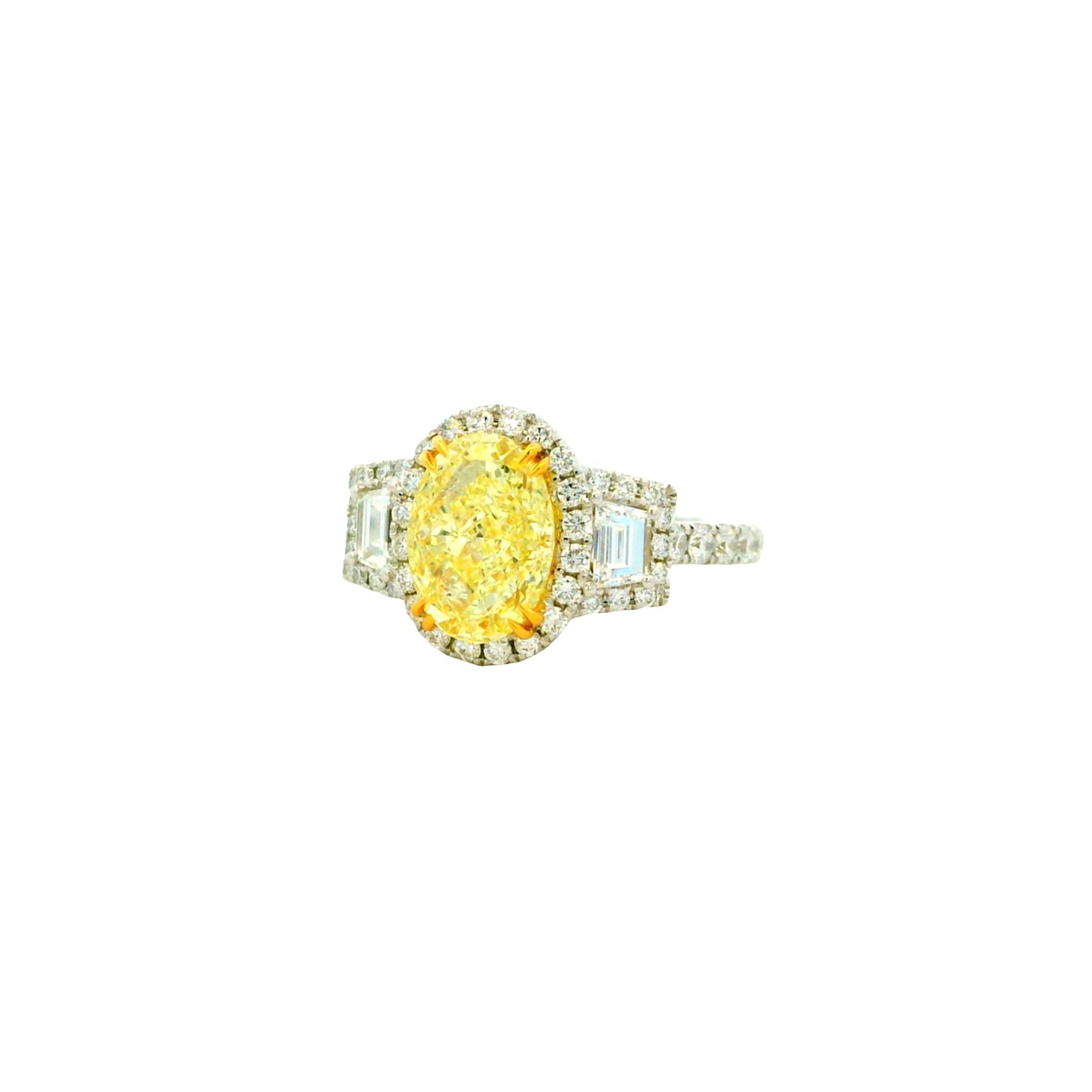 18k White and Yellow GIA 2.06ctw Oval Cut Fancy Yellow Diamond and 1.15ctw Diamond Ring