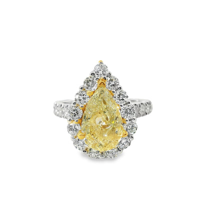 18k White and Yellow Gold 2.66ctw Pear Cut Yellow Diamond and 1.96ctw Accent Round Diamond Ring