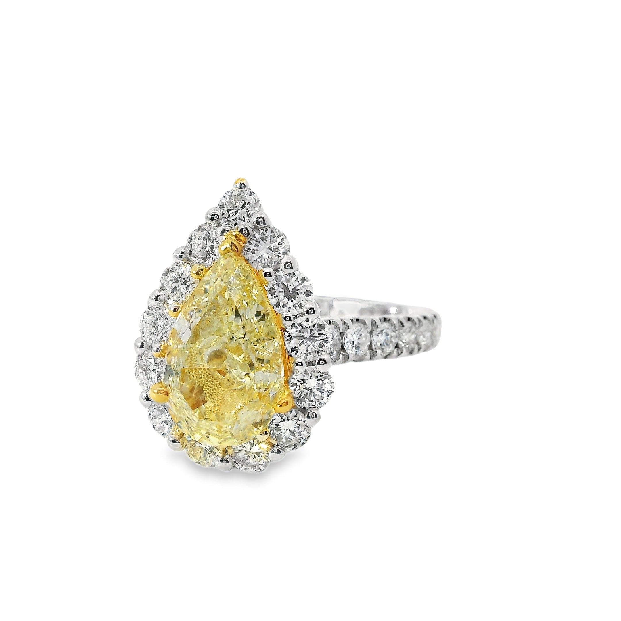 18k White and Yellow Gold 2.66ctw Pear Cut Yellow Diamond and 1.96ctw Accent Round Diamond Ring