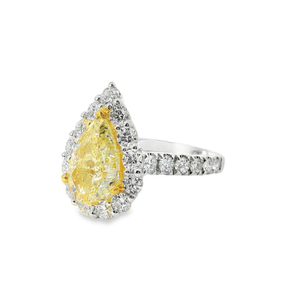 18k White and Yellow Gold 2.66ctw Pear Cut Yellow Diamond and 1.96ctw Accent Round Diamond Ring