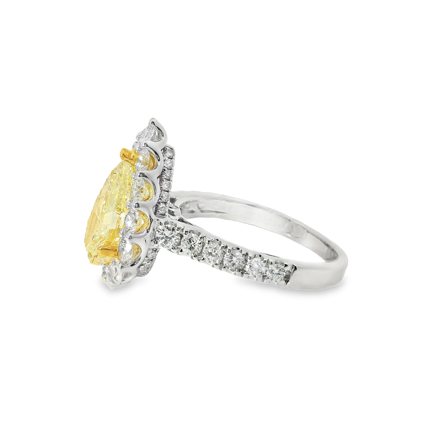 18k White and Yellow Gold 2.66ctw Pear Cut Yellow Diamond and 1.96ctw Accent Round Diamond Ring