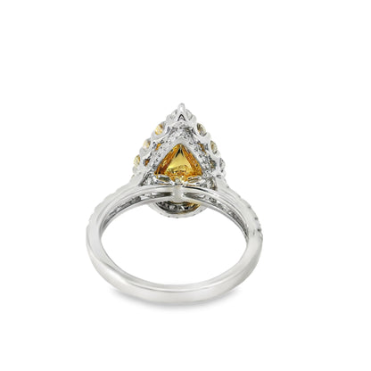 18k White and Yellow Gold 2.66ctw Pear Cut Yellow Diamond and 1.96ctw Accent Round Diamond Ring
