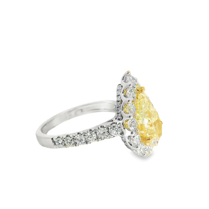 18k White and Yellow Gold 2.66ctw Pear Cut Yellow Diamond and 1.96ctw Accent Round Diamond Ring