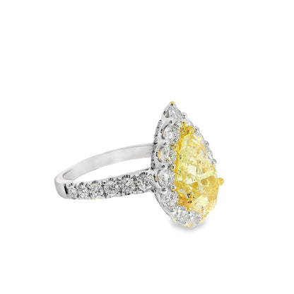 18k White and Yellow Gold 2.66ctw Pear Cut Yellow Diamond and 1.96ctw Accent Round Diamond Ring