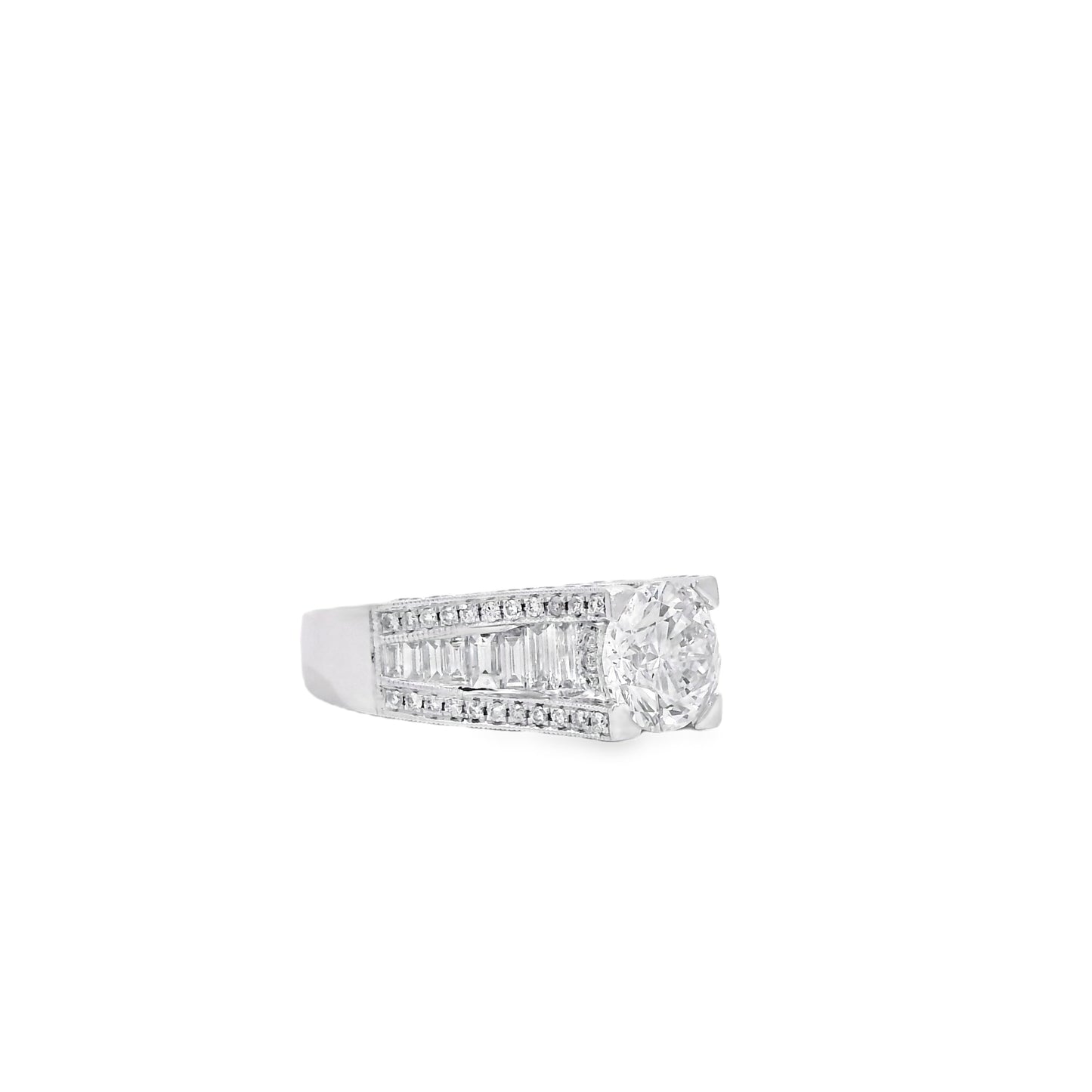 14k White Gold 1.67ct Round Brilliant and Baguette Diamond Engagement Ring