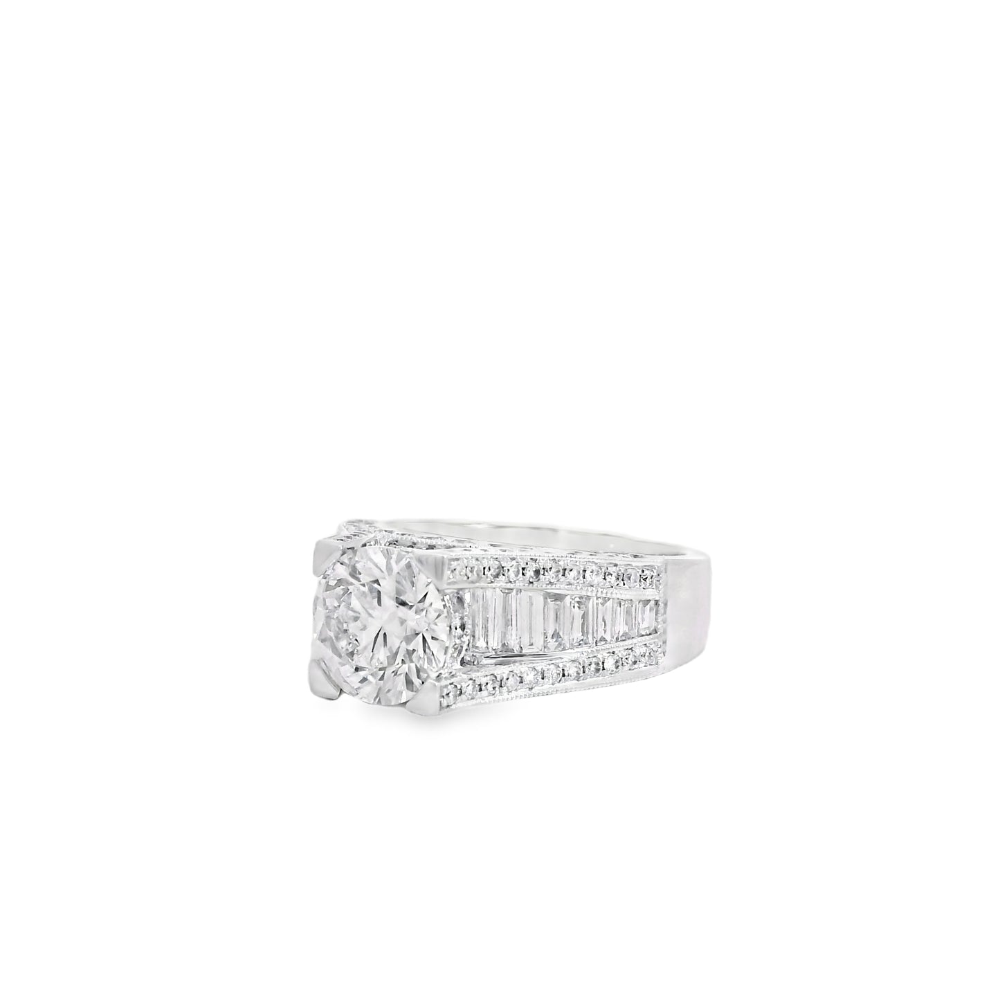 14k White Gold 1.67ct Round Brilliant and Baguette Diamond Engagement Ring