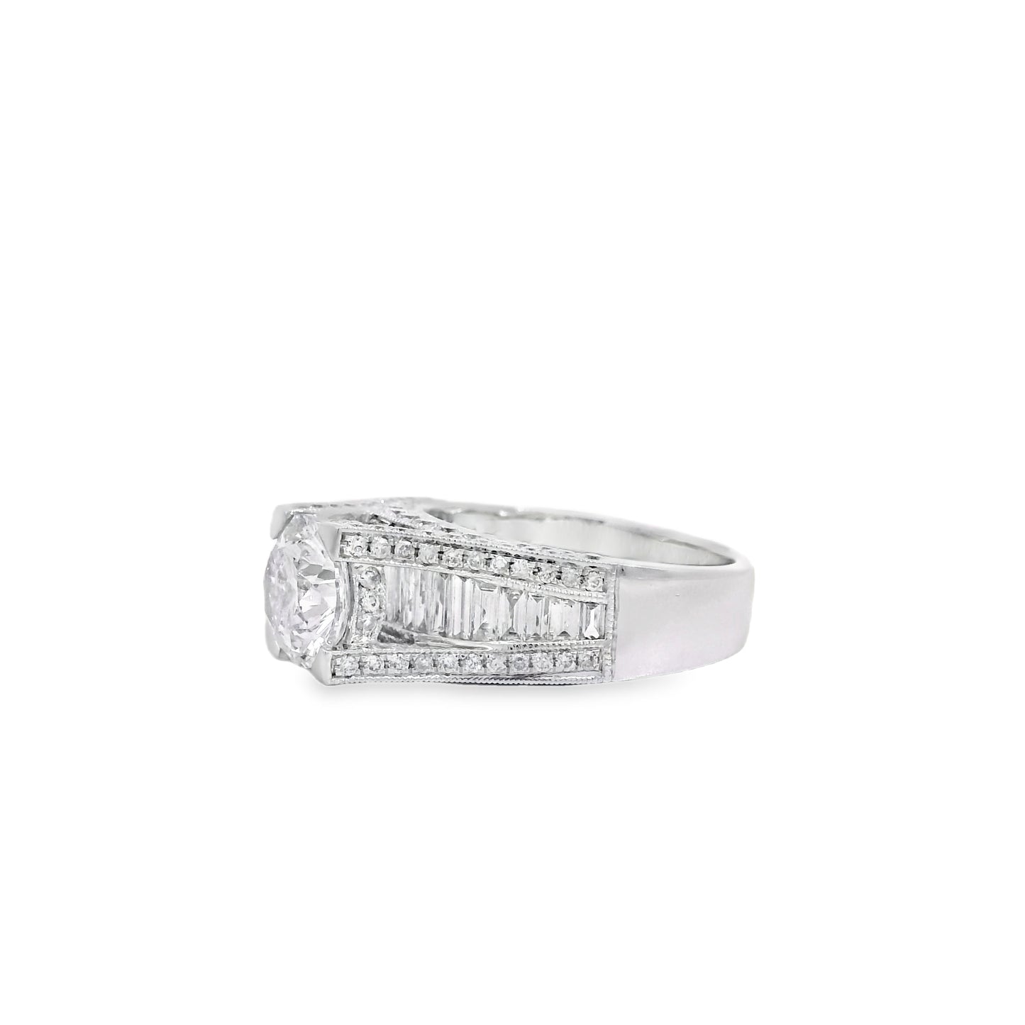 14k White Gold 1.67ct Round Brilliant and Baguette Diamond Engagement Ring
