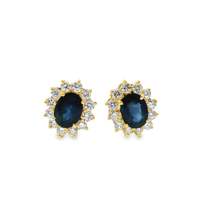 14k Yellow Gold 3.05ctw Oval Cut Sapphire and 1.25ctw Round Brilliant Cut Diamond Earrings