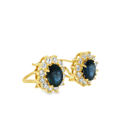 14k Yellow Gold 3.05ctw Oval Cut Sapphire and 1.25ctw Round Brilliant Cut Diamond Earrings