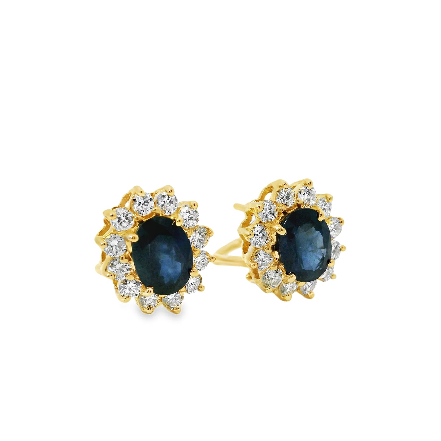 14k Yellow Gold 3.05ctw Oval Cut Sapphire and 1.25ctw Round Brilliant Cut Diamond Earrings
