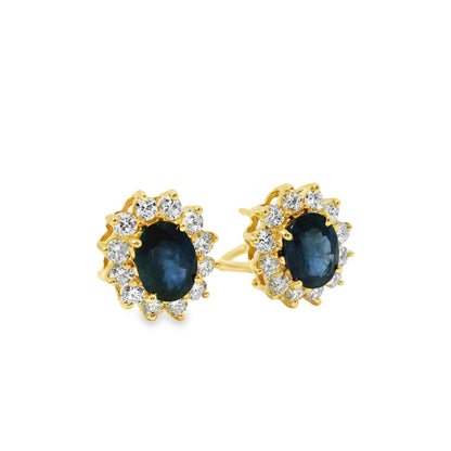 14k Yellow Gold 3.05ctw Oval Cut Sapphire and 1.25ctw Round Brilliant Cut Diamond Earrings
